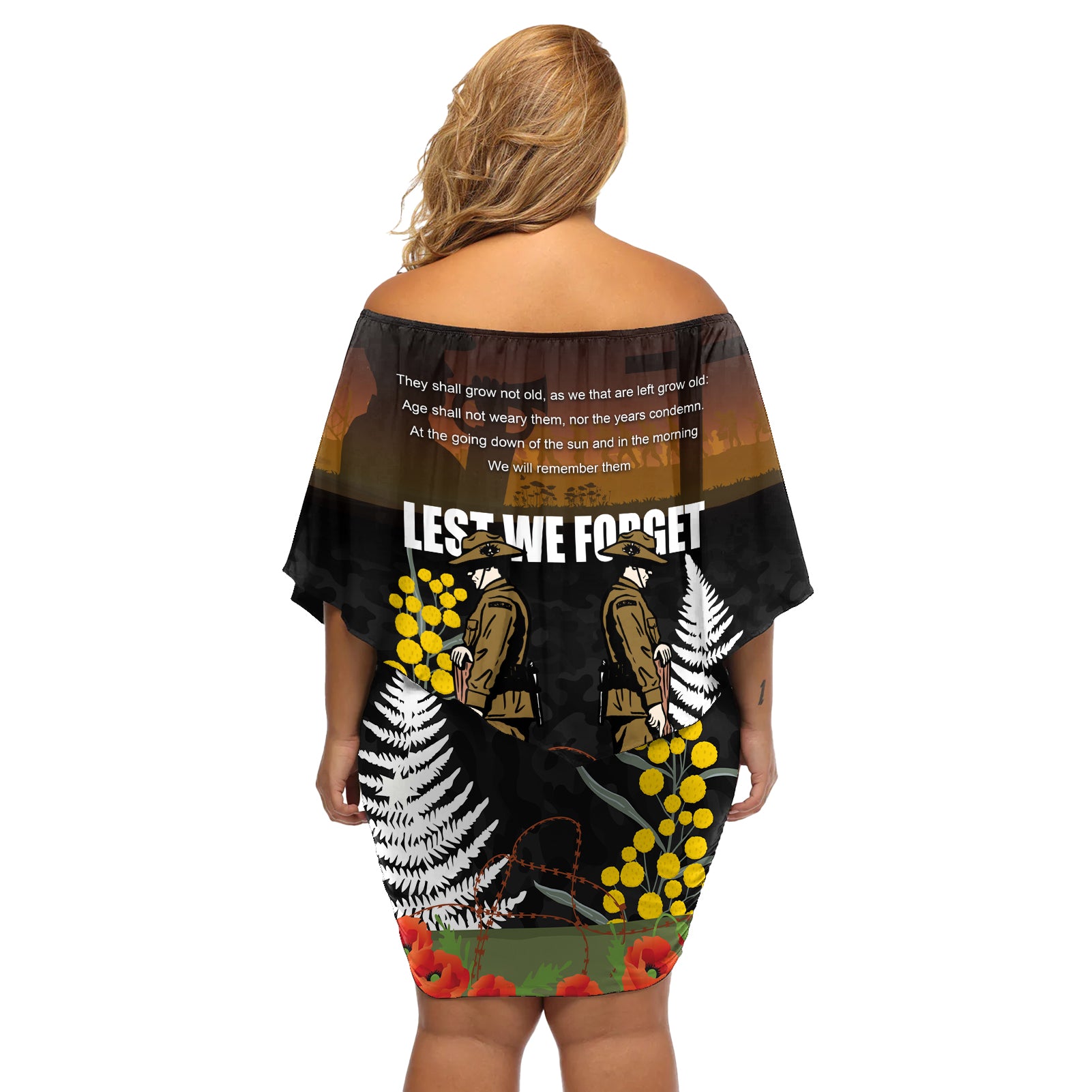 New Zealand and Australia ANZAC Day Off Shoulder Short Dress Soldier and Last Post Camouflage Pattern