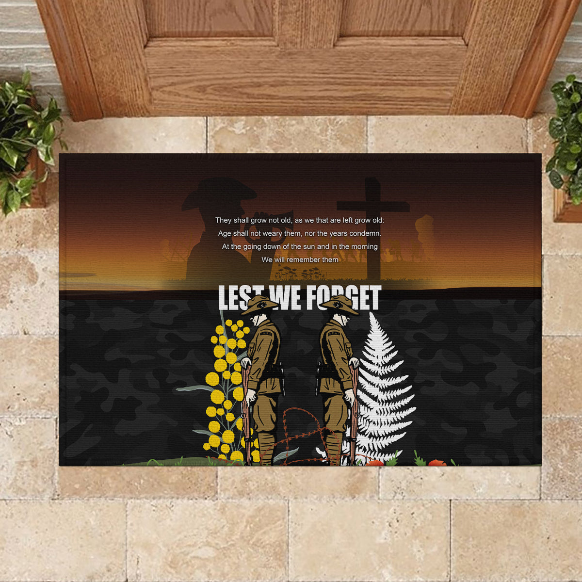 New Zealand and Australia ANZAC Day Rubber Doormat Soldier and Last Post Camouflage Pattern