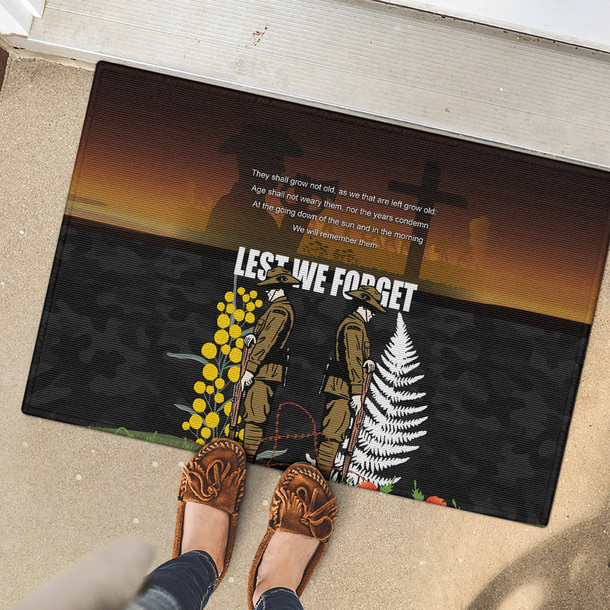 New Zealand and Australia ANZAC Day Rubber Doormat Soldier and Last Post Camouflage Pattern