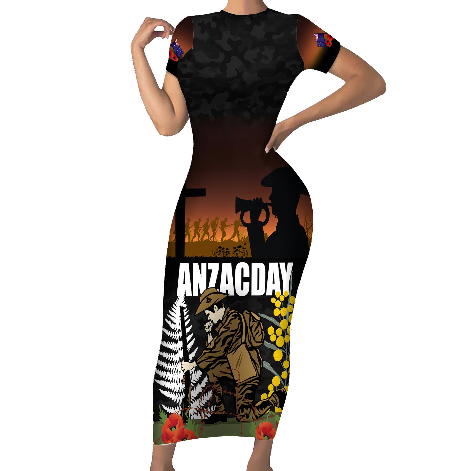 New Zealand and Australia ANZAC Day Short Sleeve Bodycon Dress Soldier and Last Post Camouflage Pattern