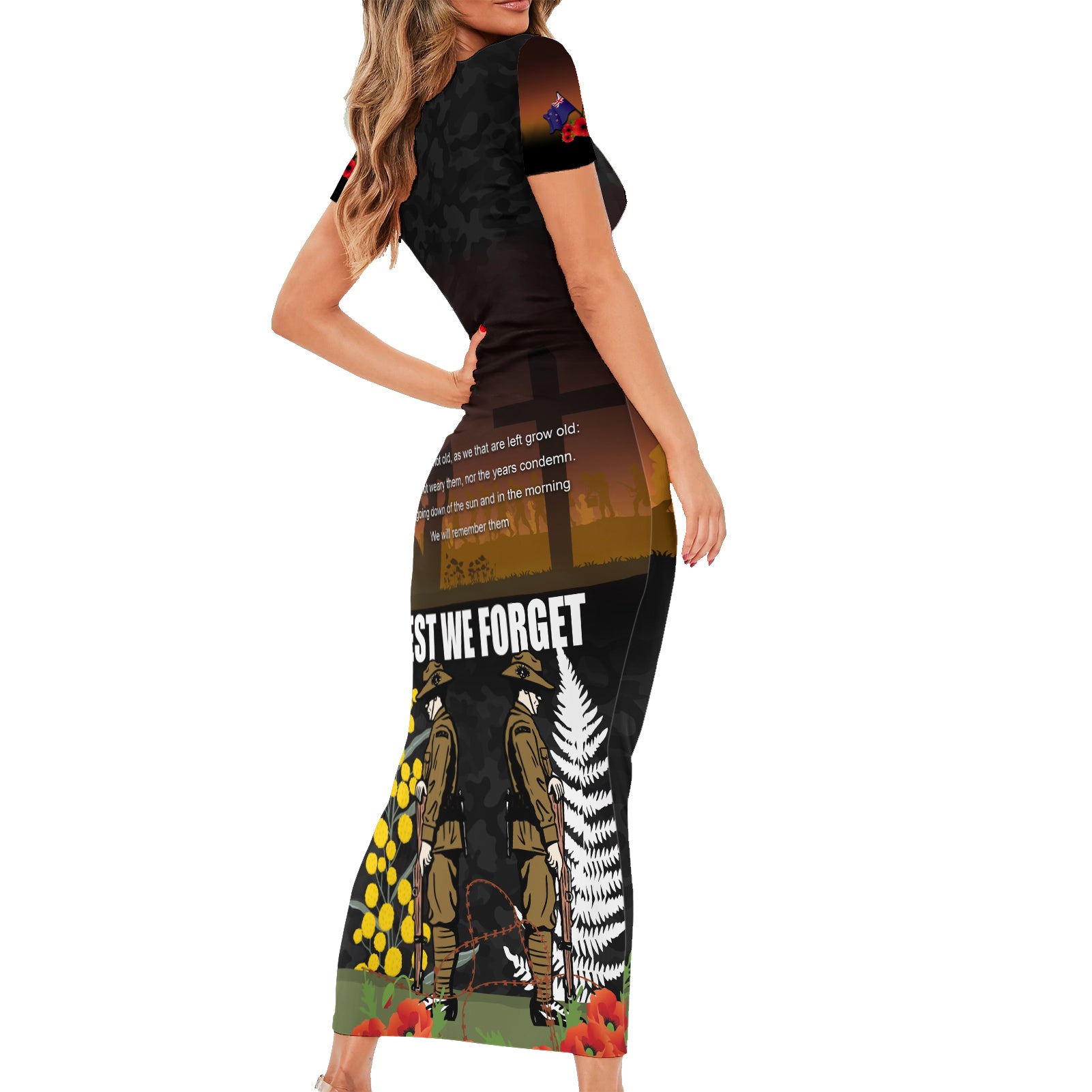 New Zealand and Australia ANZAC Day Short Sleeve Bodycon Dress Soldier and Last Post Camouflage Pattern