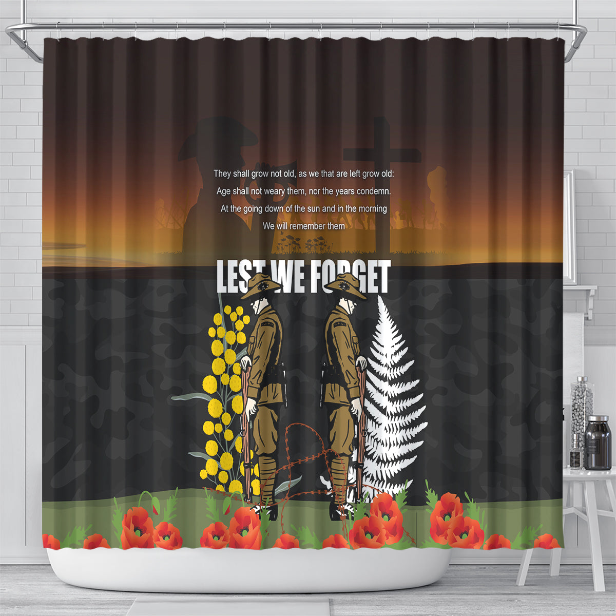 New Zealand and Australia ANZAC Day Shower Curtain Soldier and Last Post Camouflage Pattern
