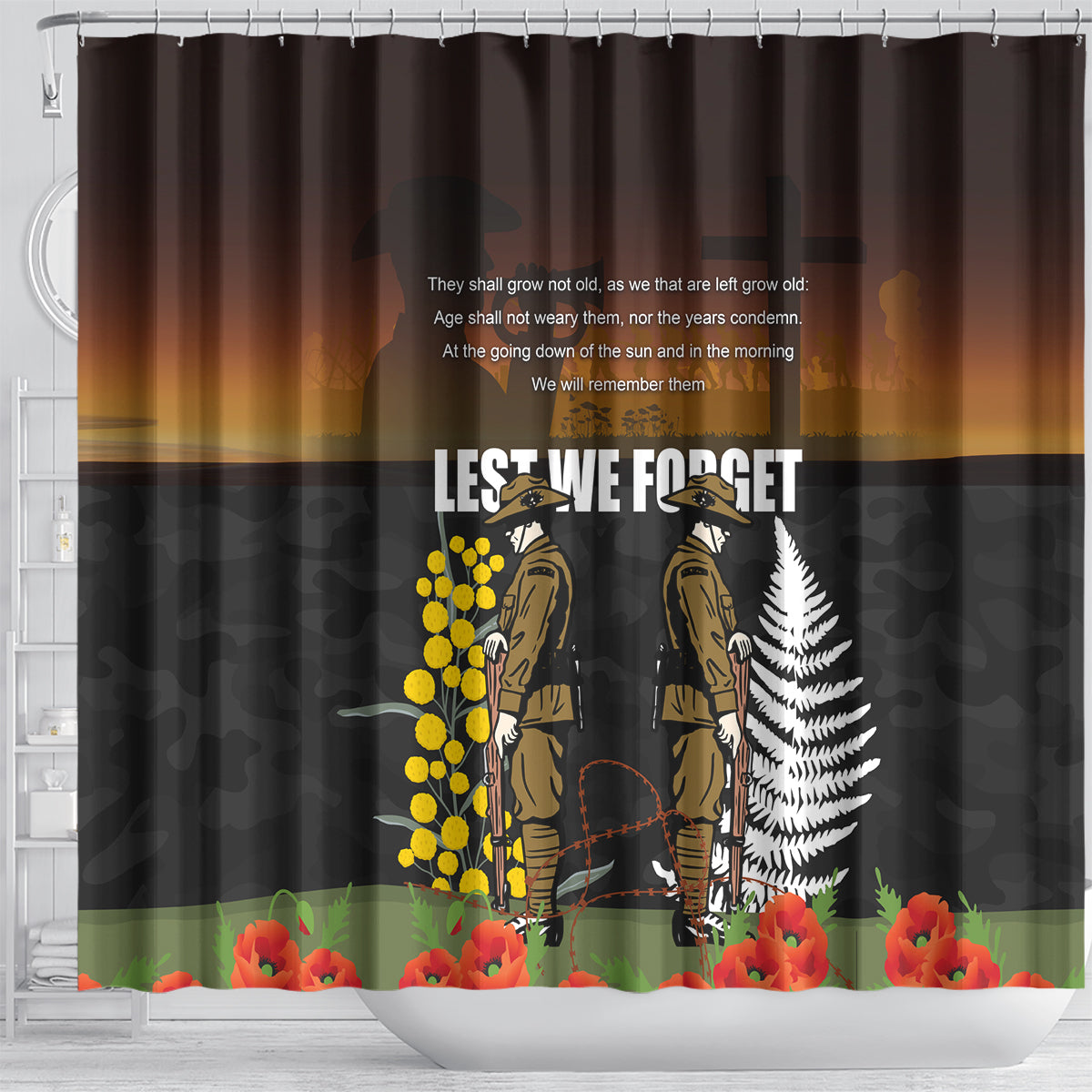 New Zealand and Australia ANZAC Day Shower Curtain Soldier and Last Post Camouflage Pattern