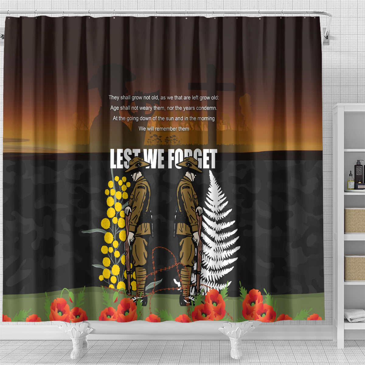 New Zealand and Australia ANZAC Day Shower Curtain Soldier and Last Post Camouflage Pattern