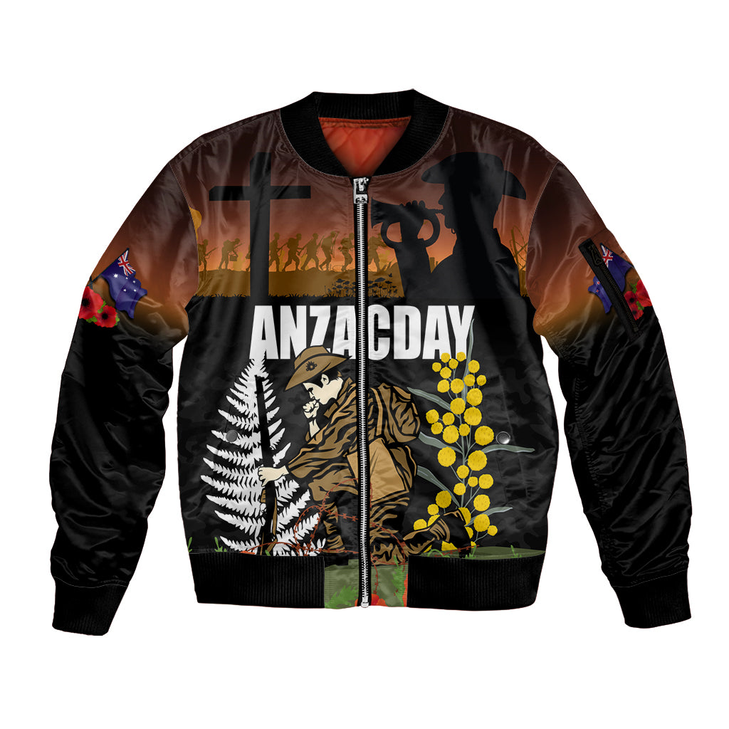 New Zealand and Australia ANZAC Day Sleeve Zip Bomber Jacket Soldier and Last Post Camouflage Pattern