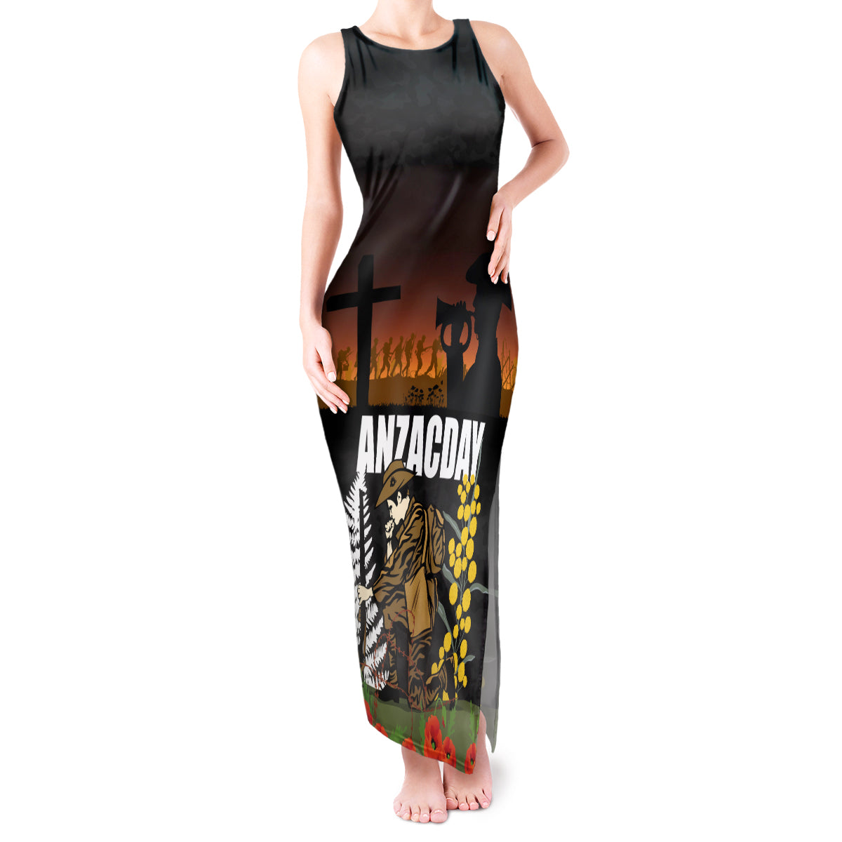 New Zealand and Australia ANZAC Day Tank Maxi Dress Soldier and Last Post Camouflage Pattern