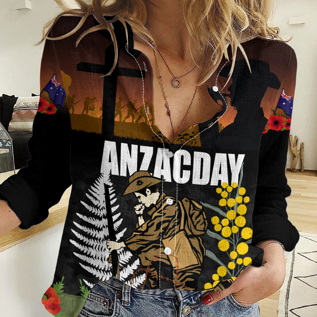 New Zealand and Australia ANZAC Day Women Casual Shirt Soldier and Last Post Camouflage Pattern - Vibe Hoodie Shop