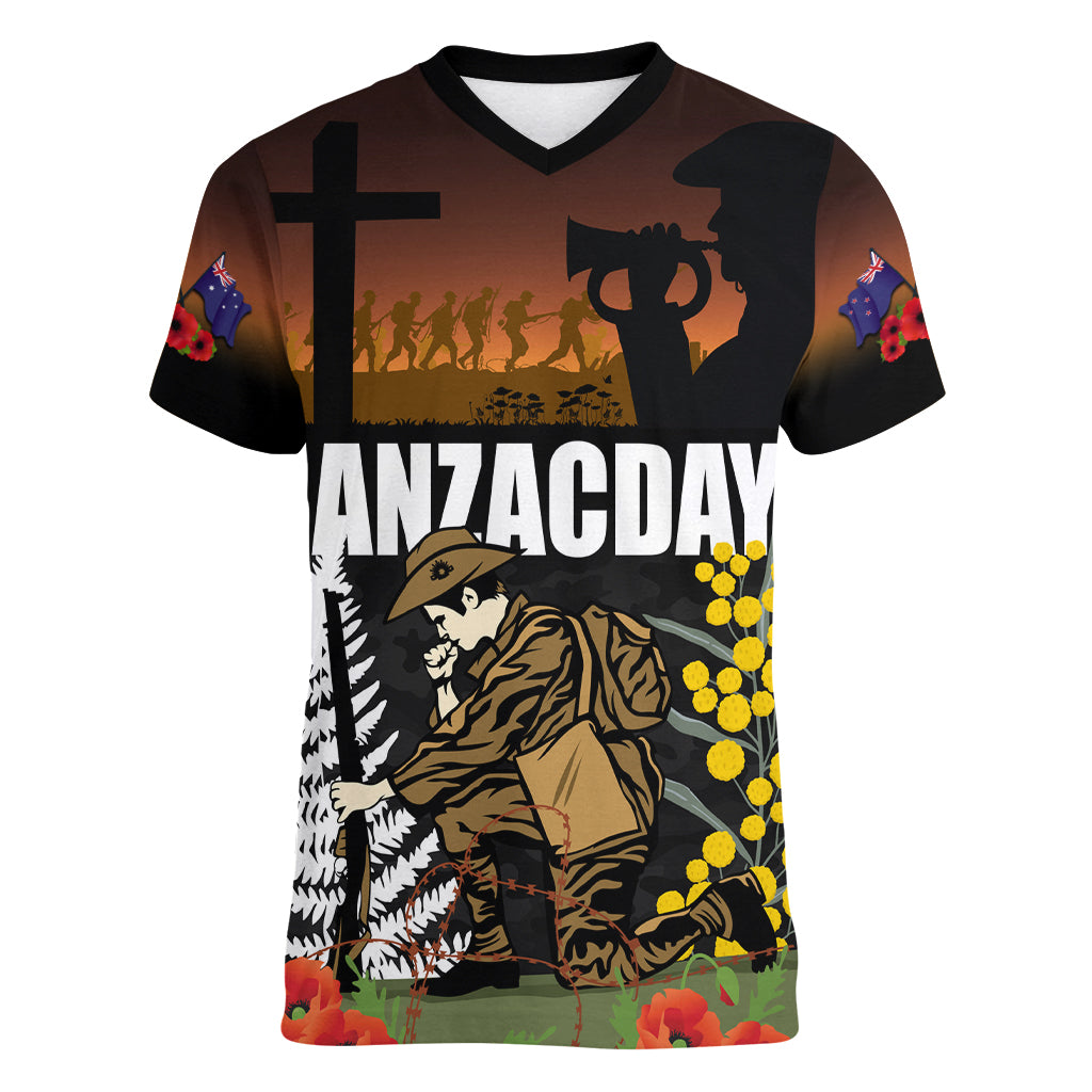New Zealand and Australia ANZAC Day Women V Neck T Shirt Soldier and Last Post Camouflage Pattern - Vibe Hoodie Shop