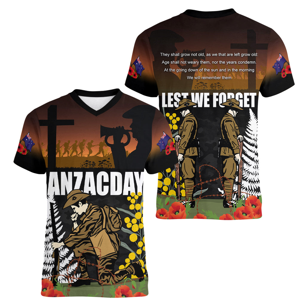 New Zealand and Australia ANZAC Day Women V Neck T Shirt Soldier and Last Post Camouflage Pattern - Vibe Hoodie Shop