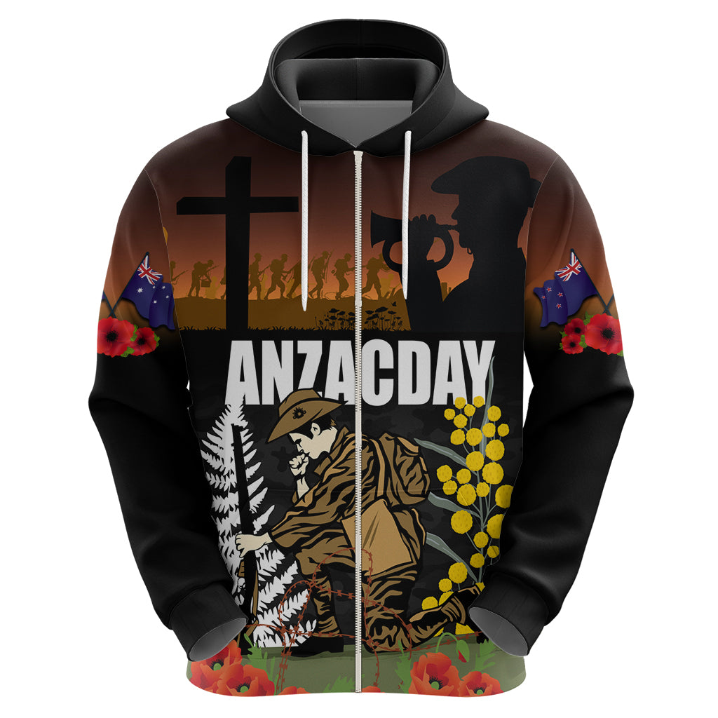 New Zealand and Australia ANZAC Day Zip Hoodie Soldier and Last Post Camouflage Pattern - Vibe Hoodie Shop