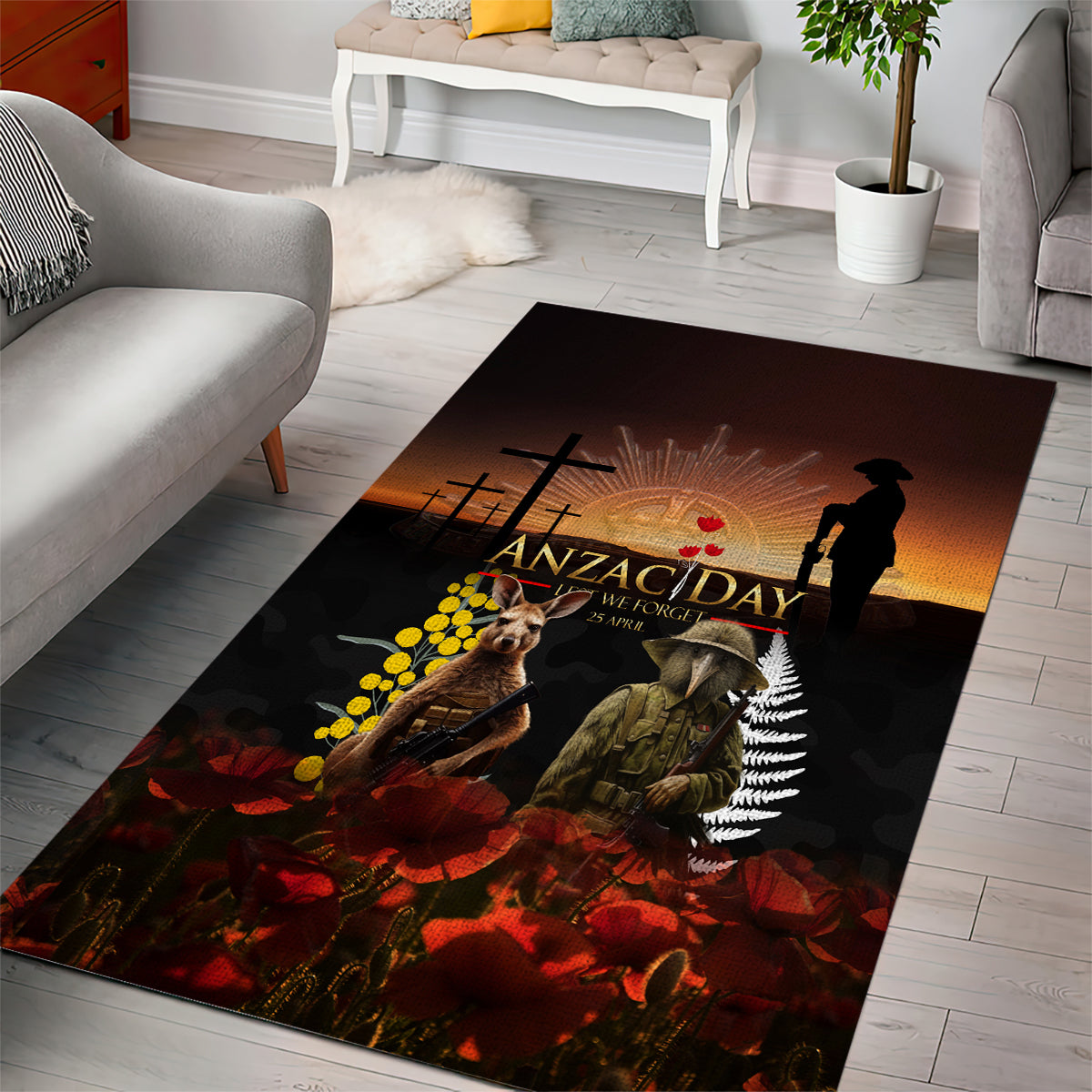 New Zealand and Australia ANZAC Day Area Rug Kiwi Bird and Kangaroo Soldier - Vibe Hoodie Shop