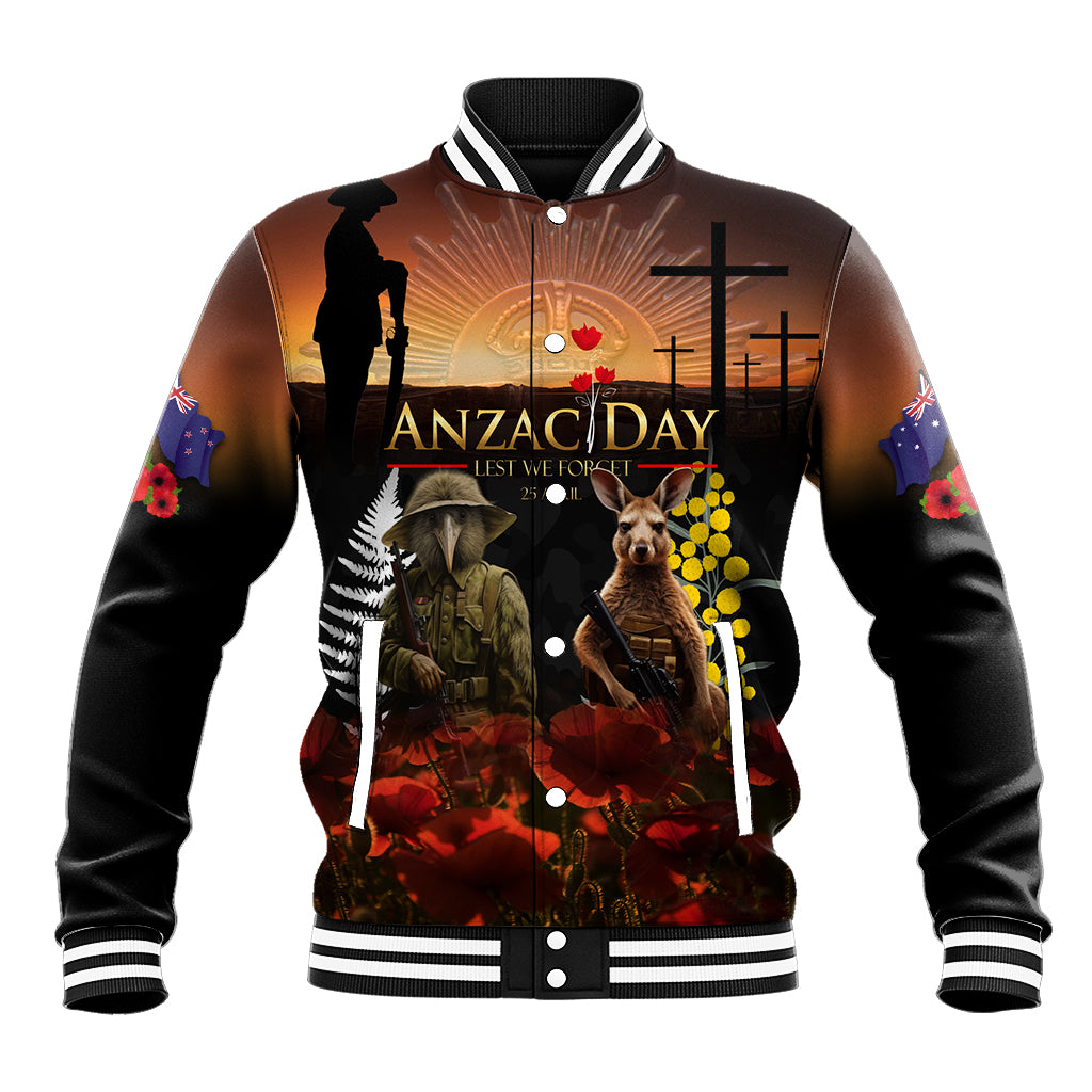 New Zealand and Australia ANZAC Day Baseball Jacket Kiwi Bird and Kangaroo Soldier - Vibe Hoodie Shop