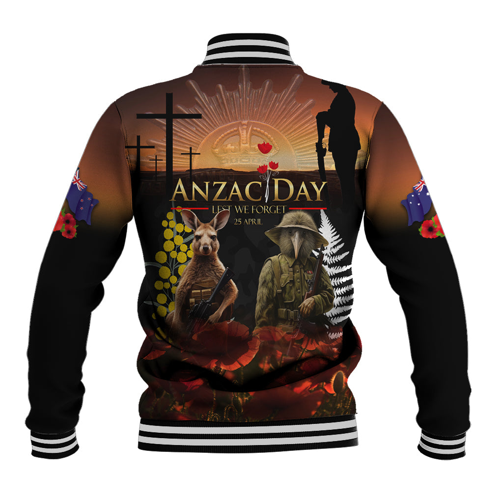 New Zealand and Australia ANZAC Day Baseball Jacket Kiwi Bird and Kangaroo Soldier - Vibe Hoodie Shop