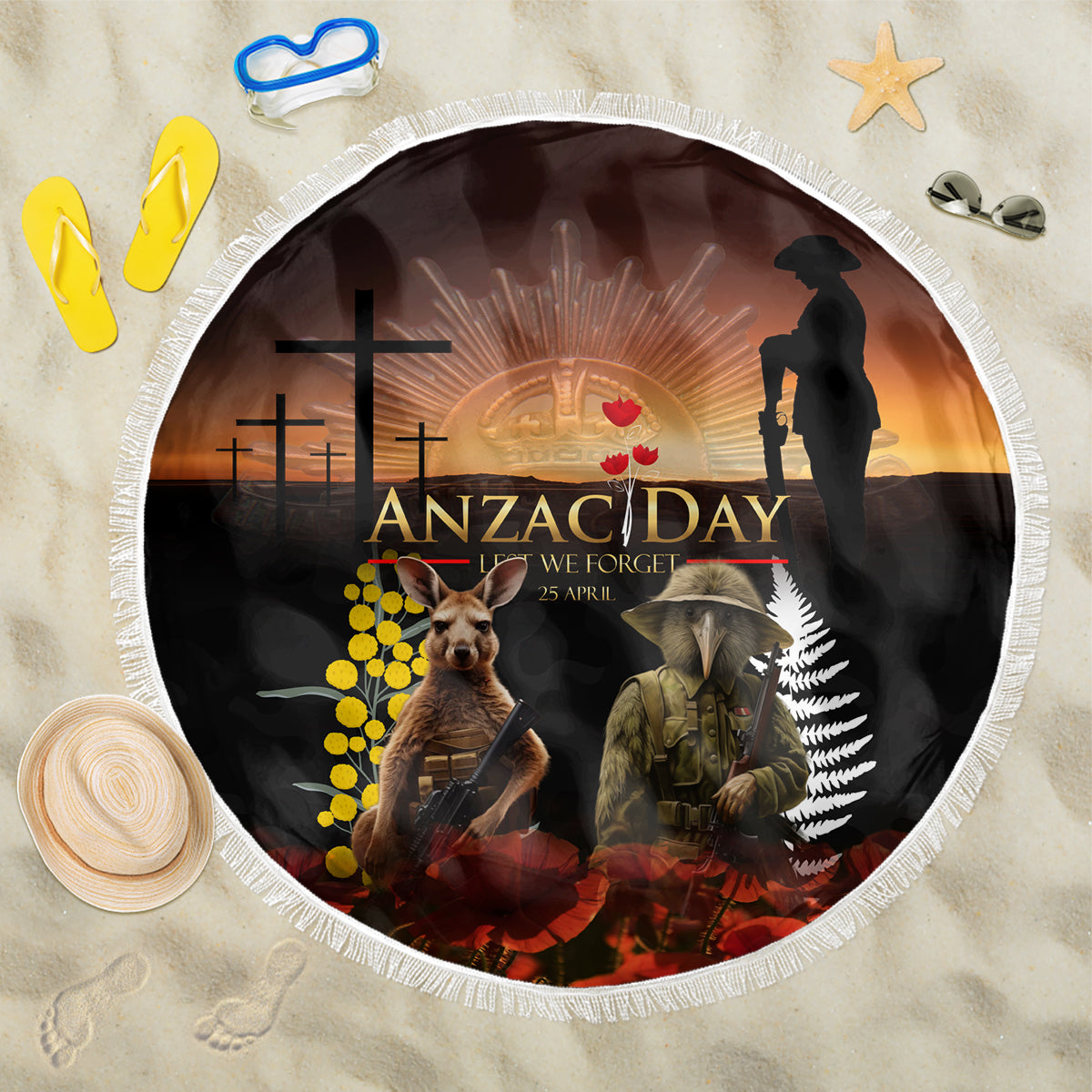New Zealand and Australia ANZAC Day Beach Blanket Kiwi Bird and Kangaroo Soldier
