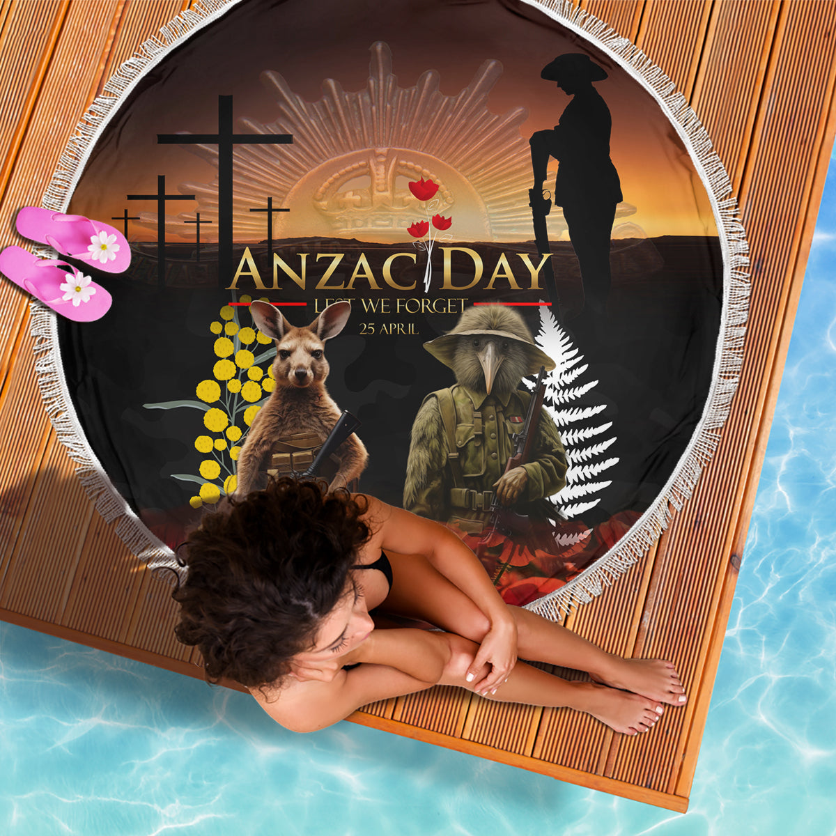 New Zealand and Australia ANZAC Day Beach Blanket Kiwi Bird and Kangaroo Soldier