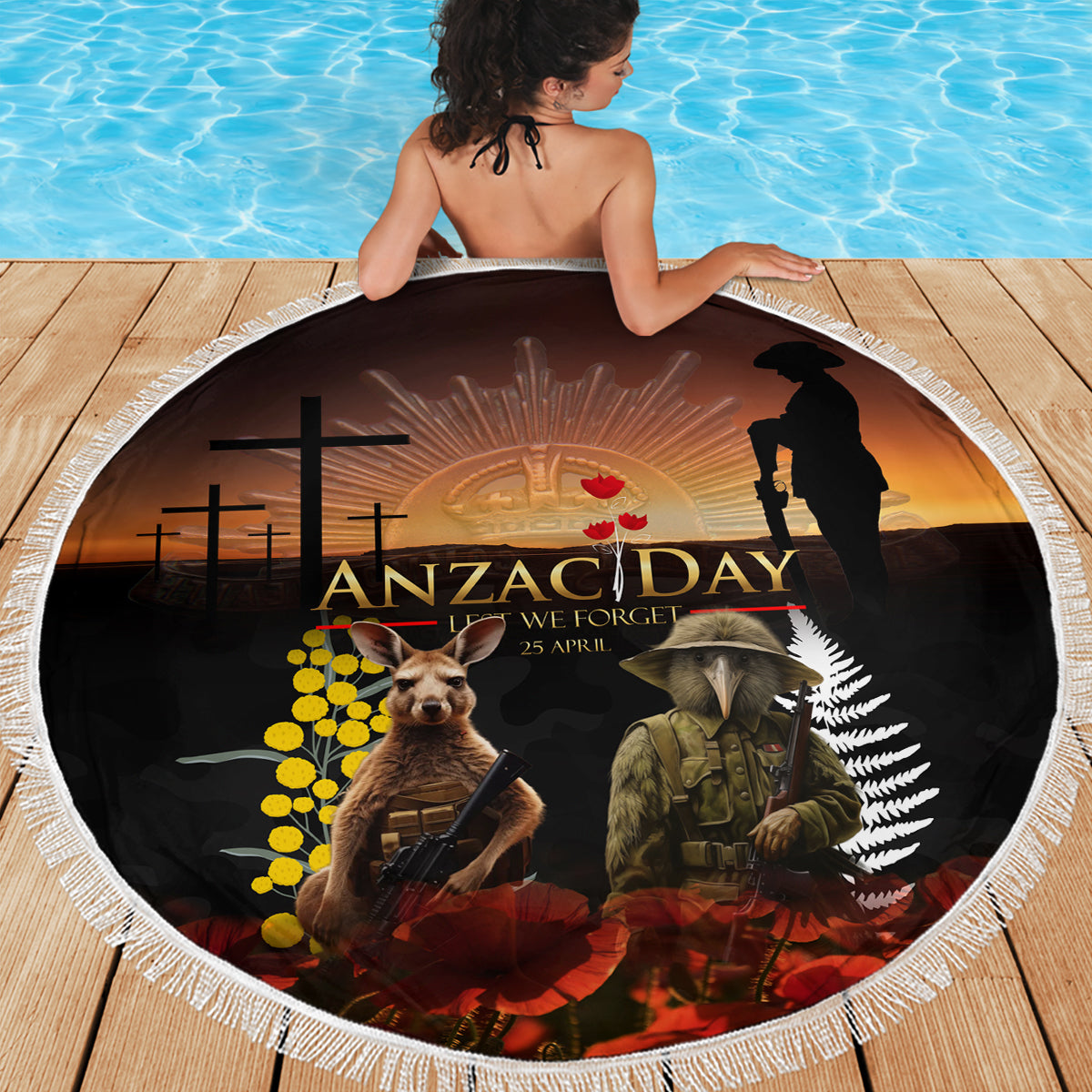 New Zealand and Australia ANZAC Day Beach Blanket Kiwi Bird and Kangaroo Soldier