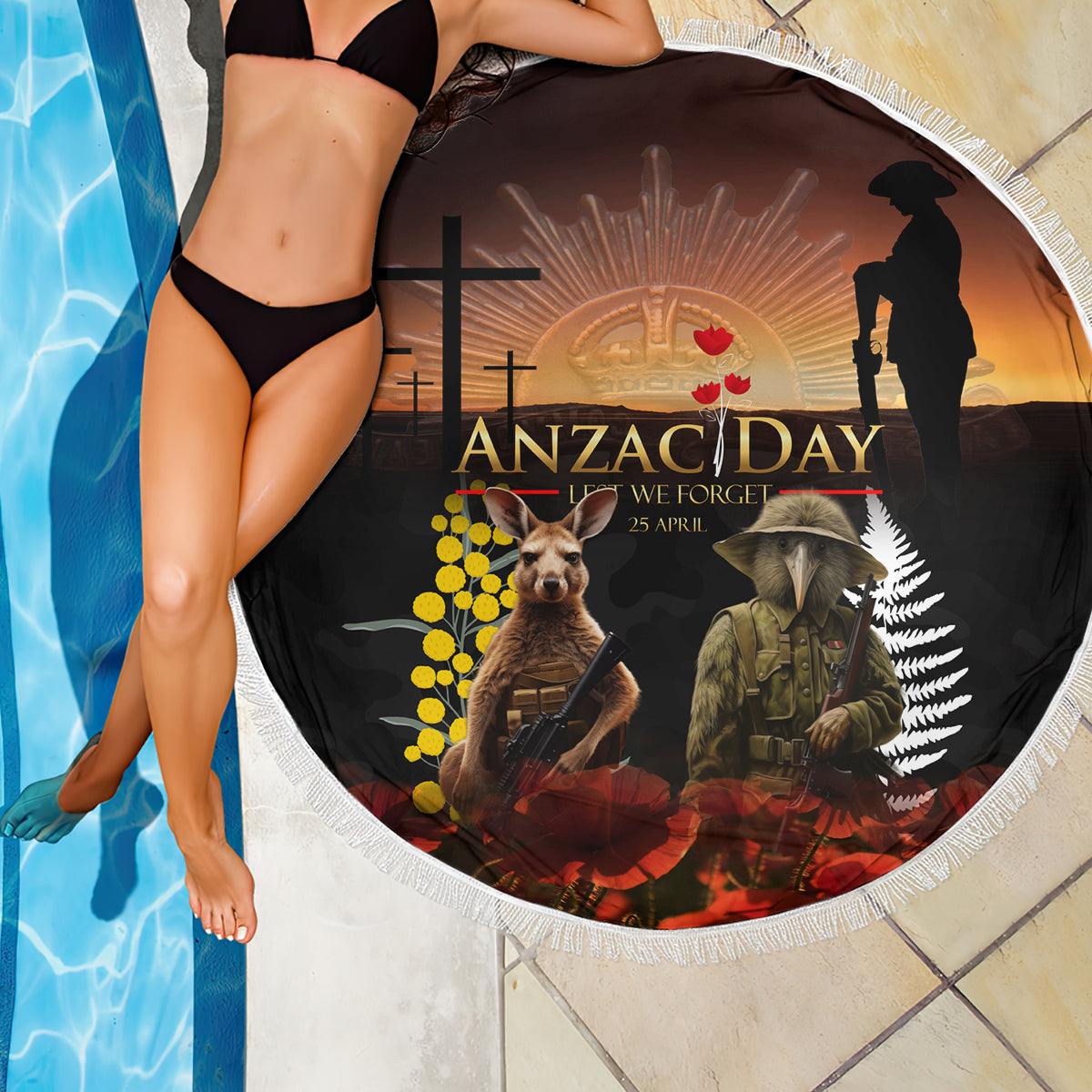 New Zealand and Australia ANZAC Day Beach Blanket Kiwi Bird and Kangaroo Soldier