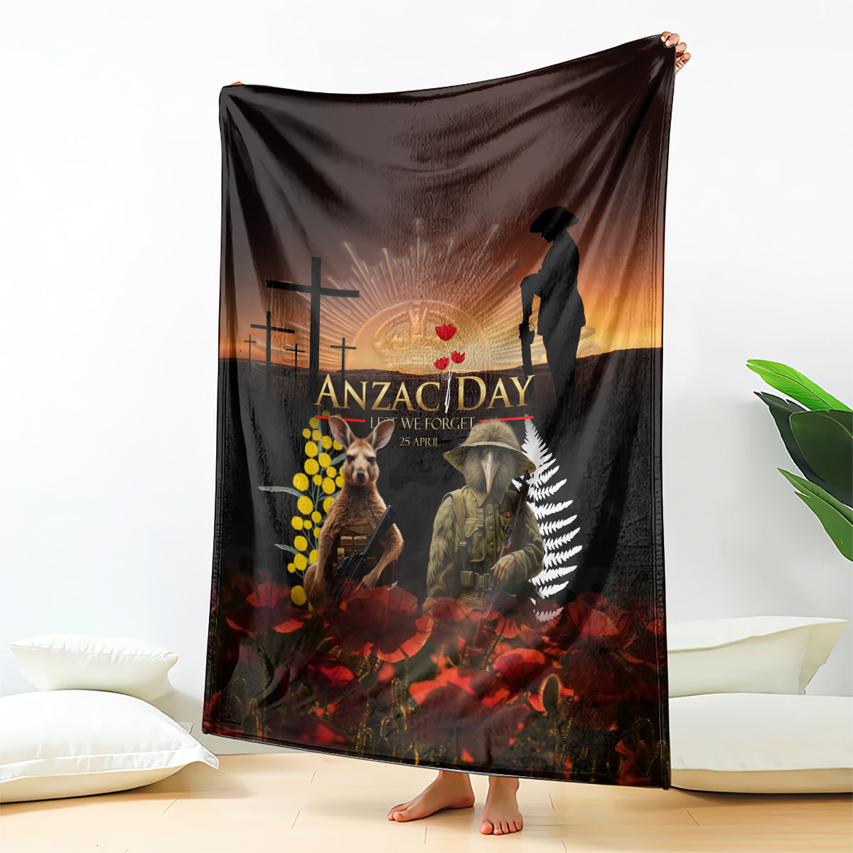 New Zealand and Australia ANZAC Day Blanket Kiwi Bird and Kangaroo Soldier - Vibe Hoodie Shop