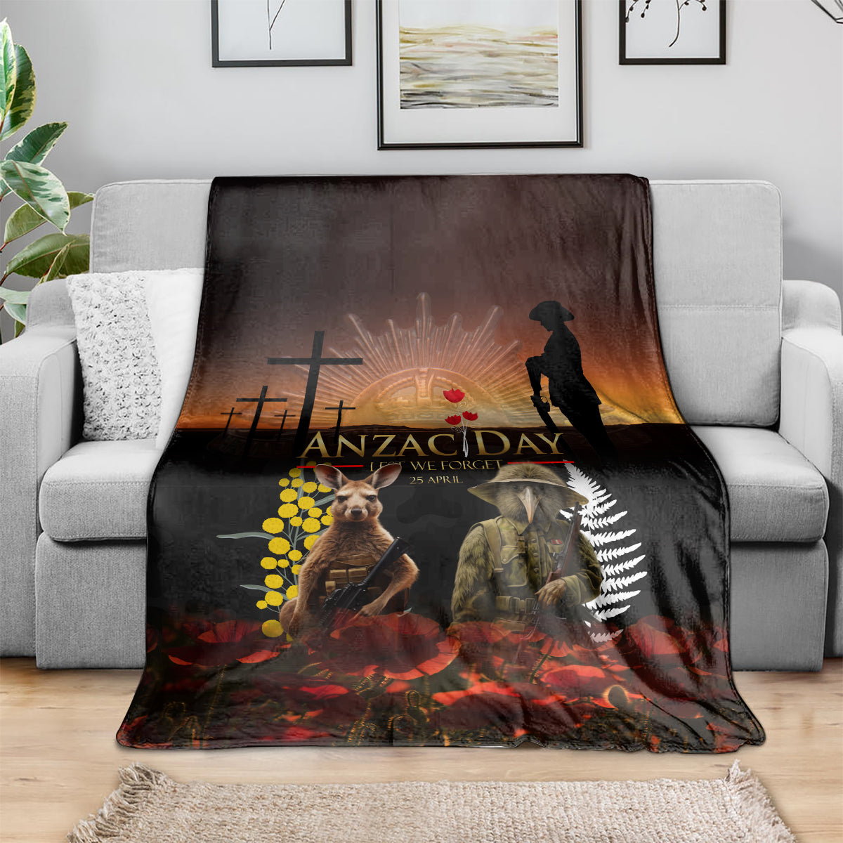 New Zealand and Australia ANZAC Day Blanket Kiwi Bird and Kangaroo Soldier - Vibe Hoodie Shop