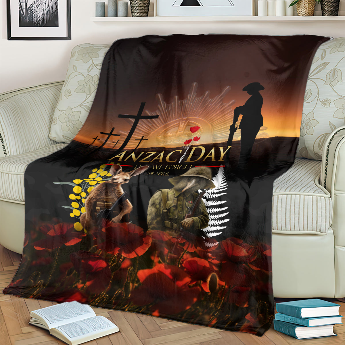 New Zealand and Australia ANZAC Day Blanket Kiwi Bird and Kangaroo Soldier - Vibe Hoodie Shop