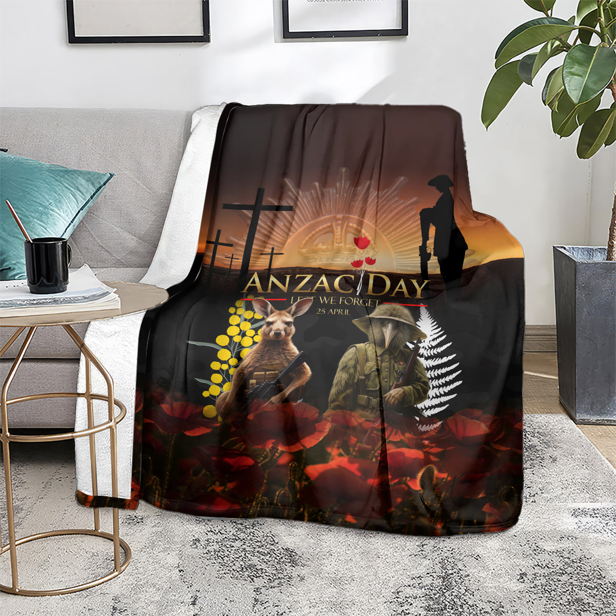 New Zealand and Australia ANZAC Day Blanket Kiwi Bird and Kangaroo Soldier - Vibe Hoodie Shop