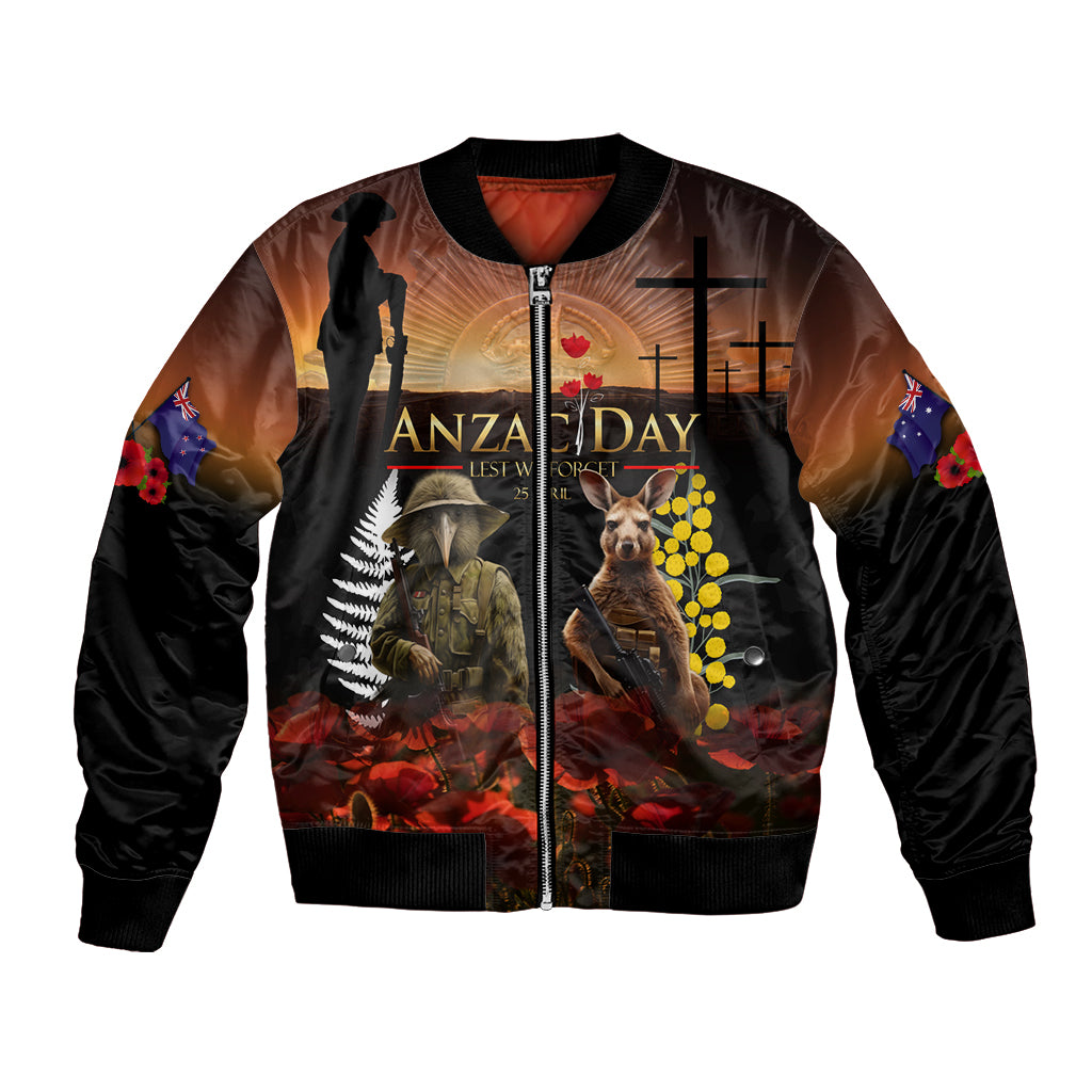 New Zealand and Australia ANZAC Day Bomber Jacket Kiwi Bird and Kangaroo Soldier - Vibe Hoodie Shop