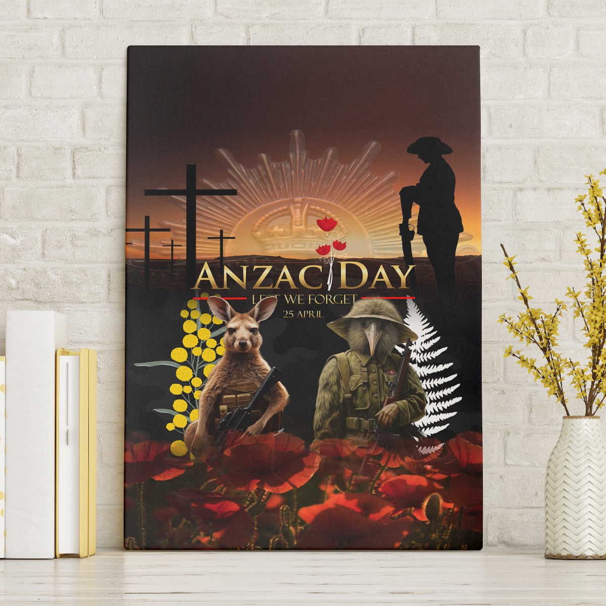 New Zealand and Australia ANZAC Day Canvas Wall Art Kiwi Bird and Kangaroo Soldier