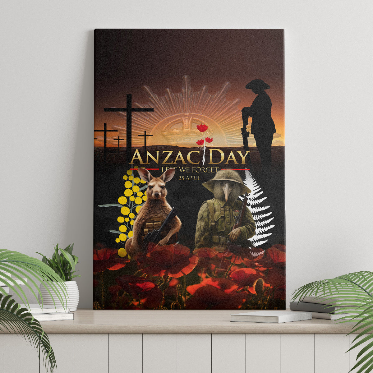 New Zealand and Australia ANZAC Day Canvas Wall Art Kiwi Bird and Kangaroo Soldier