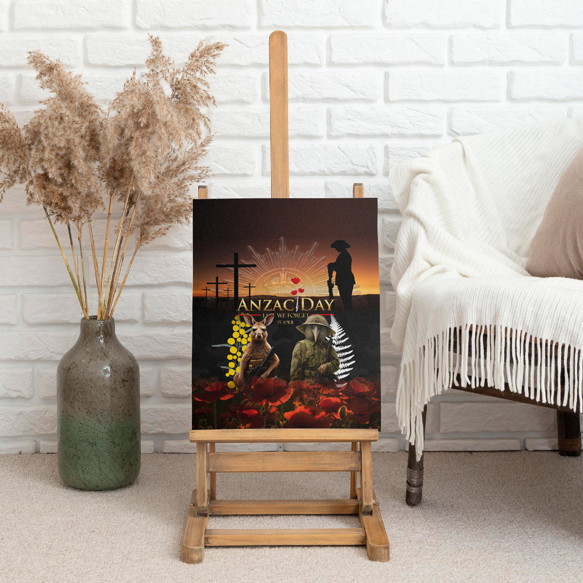 New Zealand and Australia ANZAC Day Canvas Wall Art Kiwi Bird and Kangaroo Soldier