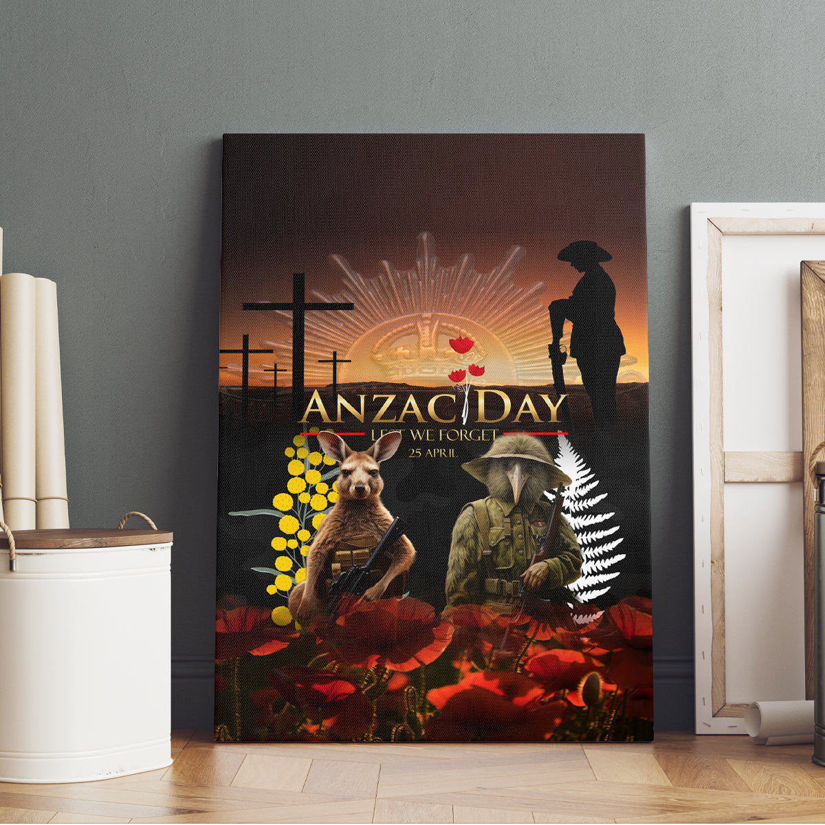New Zealand and Australia ANZAC Day Canvas Wall Art Kiwi Bird and Kangaroo Soldier