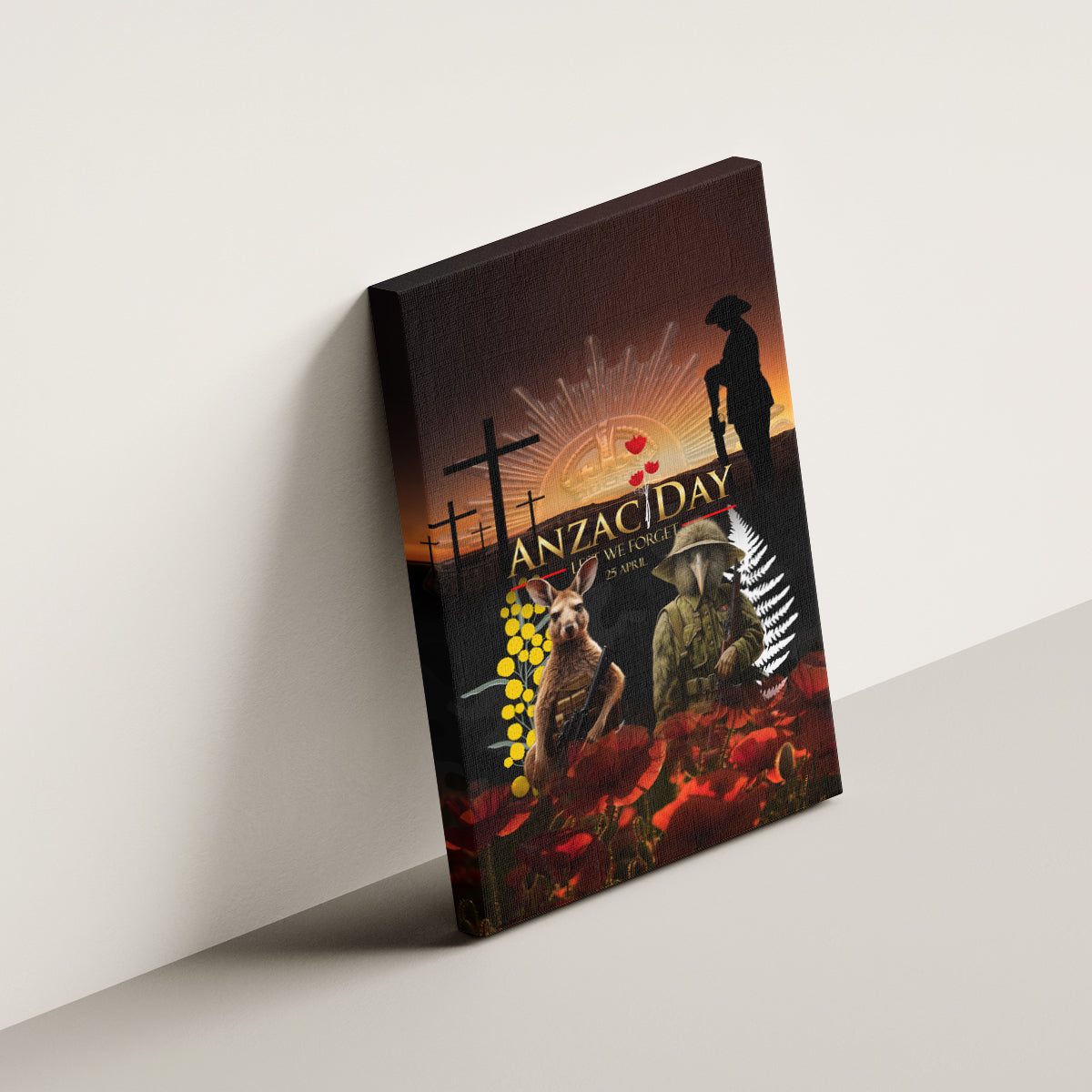New Zealand and Australia ANZAC Day Canvas Wall Art Kiwi Bird and Kangaroo Soldier
