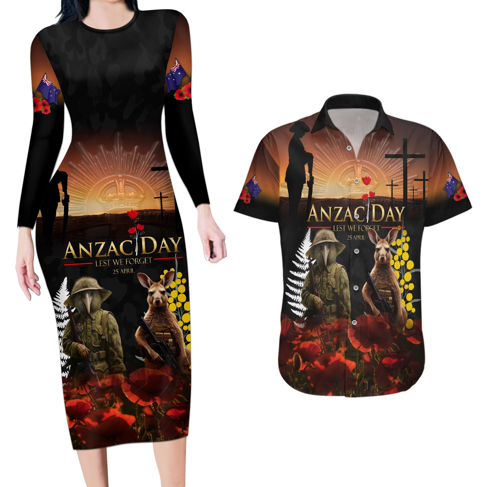 New Zealand and Australia ANZAC Day Couples Matching Long Sleeve Bodycon Dress and Hawaiian Shirt Kiwi Bird and Kangaroo Soldier
