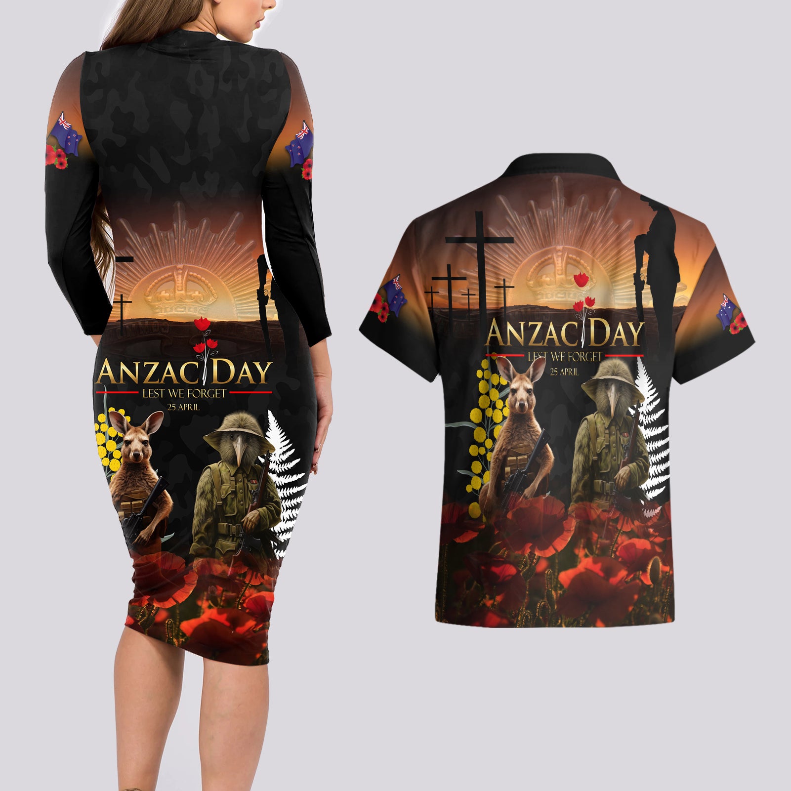New Zealand and Australia ANZAC Day Couples Matching Long Sleeve Bodycon Dress and Hawaiian Shirt Kiwi Bird and Kangaroo Soldier