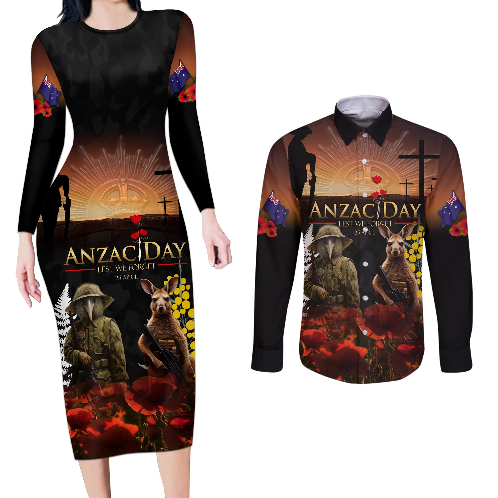 New Zealand and Australia ANZAC Day Couples Matching Long Sleeve Bodycon Dress and Long Sleeve Button Shirt Kiwi Bird and Kangaroo Soldier