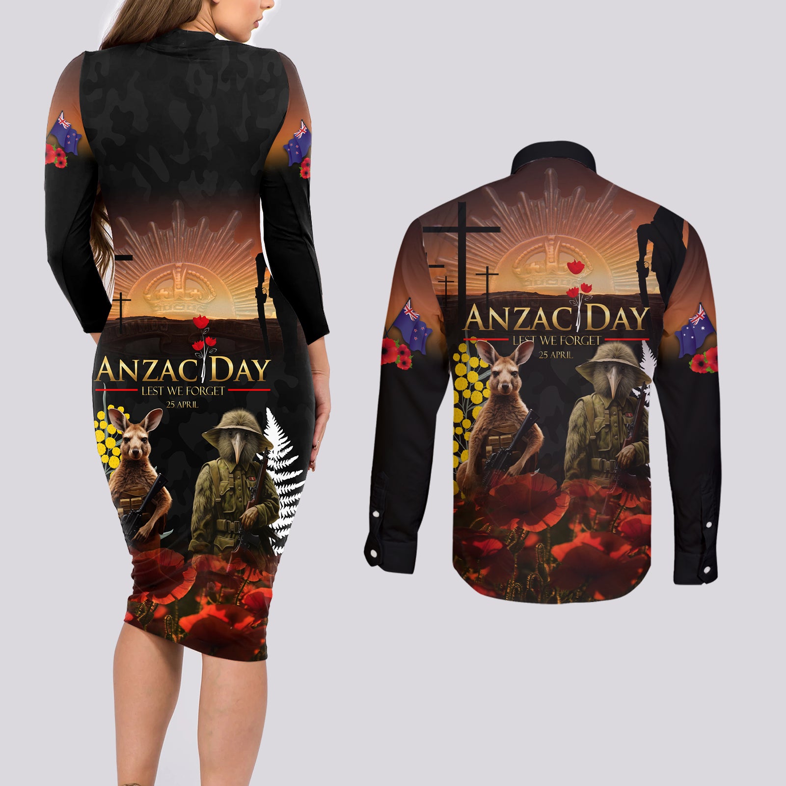 New Zealand and Australia ANZAC Day Couples Matching Long Sleeve Bodycon Dress and Long Sleeve Button Shirt Kiwi Bird and Kangaroo Soldier