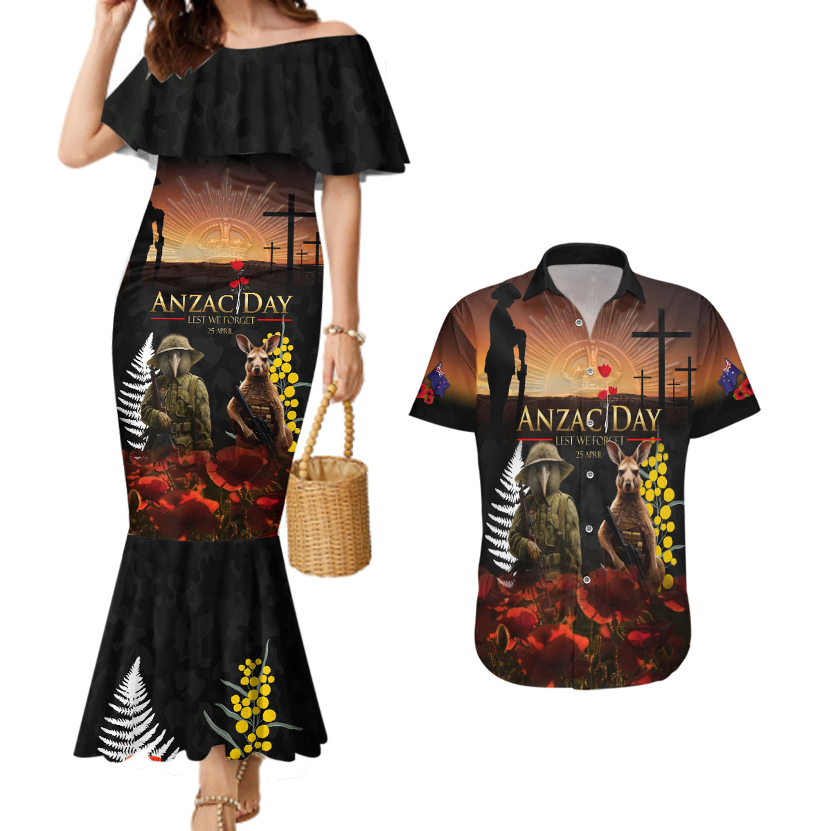 New Zealand and Australia ANZAC Day Couples Matching Mermaid Dress and Hawaiian Shirt Kiwi Bird and Kangaroo Soldier