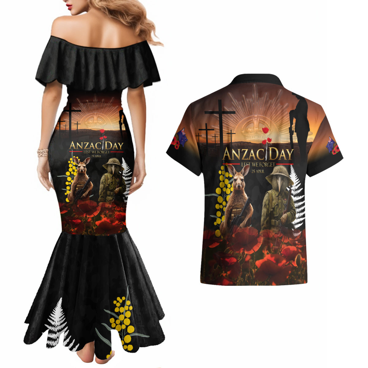 New Zealand and Australia ANZAC Day Couples Matching Mermaid Dress and Hawaiian Shirt Kiwi Bird and Kangaroo Soldier