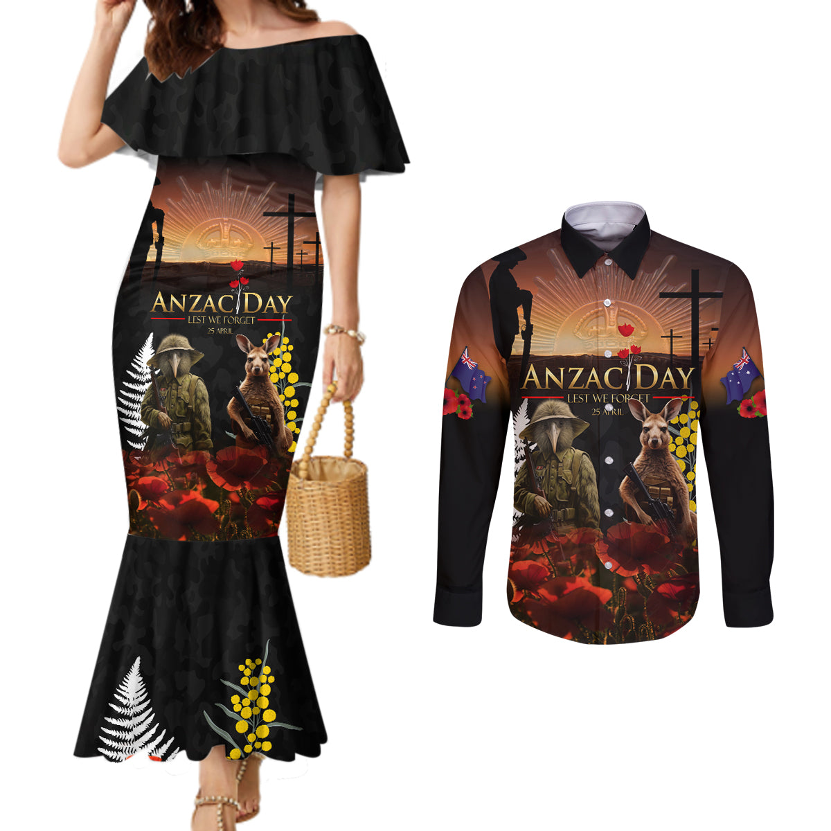 New Zealand and Australia ANZAC Day Couples Matching Mermaid Dress and Long Sleeve Button Shirt Kiwi Bird and Kangaroo Soldier