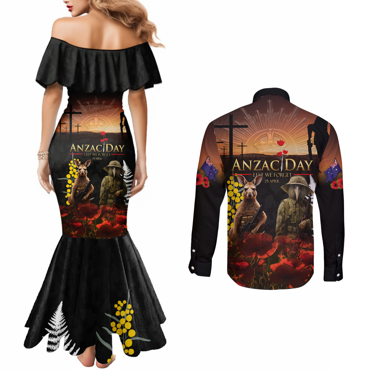 New Zealand and Australia ANZAC Day Couples Matching Mermaid Dress and Long Sleeve Button Shirt Kiwi Bird and Kangaroo Soldier