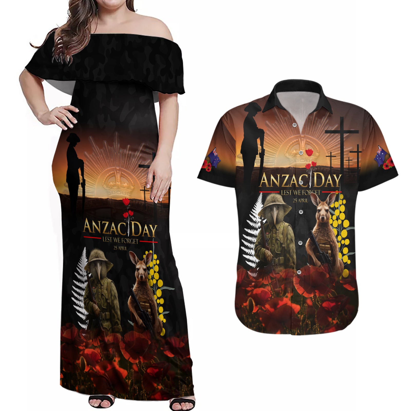 New Zealand and Australia ANZAC Day Couples Matching Off Shoulder Maxi Dress and Hawaiian Shirt Kiwi Bird and Kangaroo Soldier