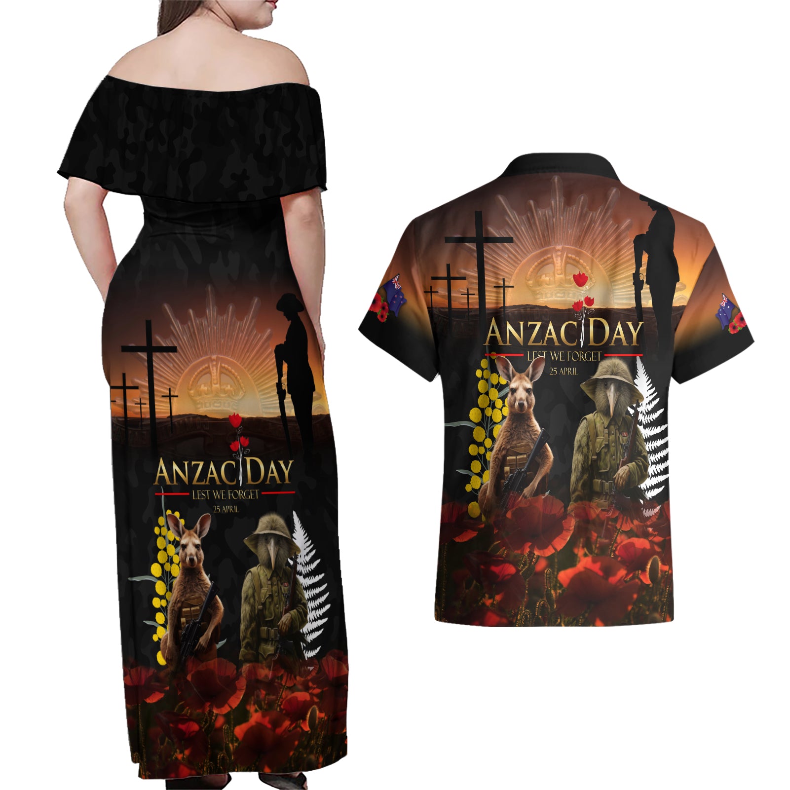 New Zealand and Australia ANZAC Day Couples Matching Off Shoulder Maxi Dress and Hawaiian Shirt Kiwi Bird and Kangaroo Soldier