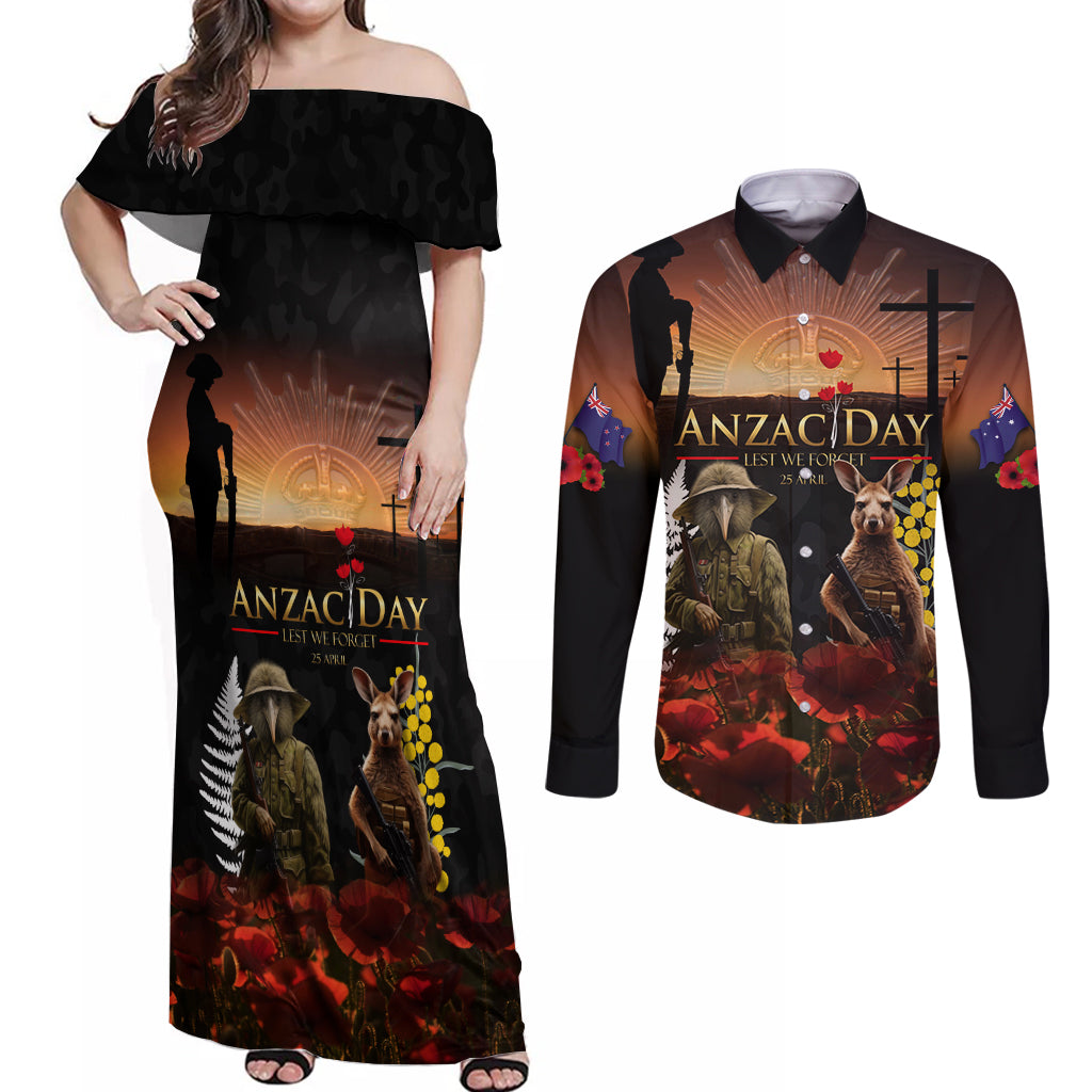 New Zealand and Australia ANZAC Day Couples Matching Off Shoulder Maxi Dress and Long Sleeve Button Shirt Kiwi Bird and Kangaroo Soldier