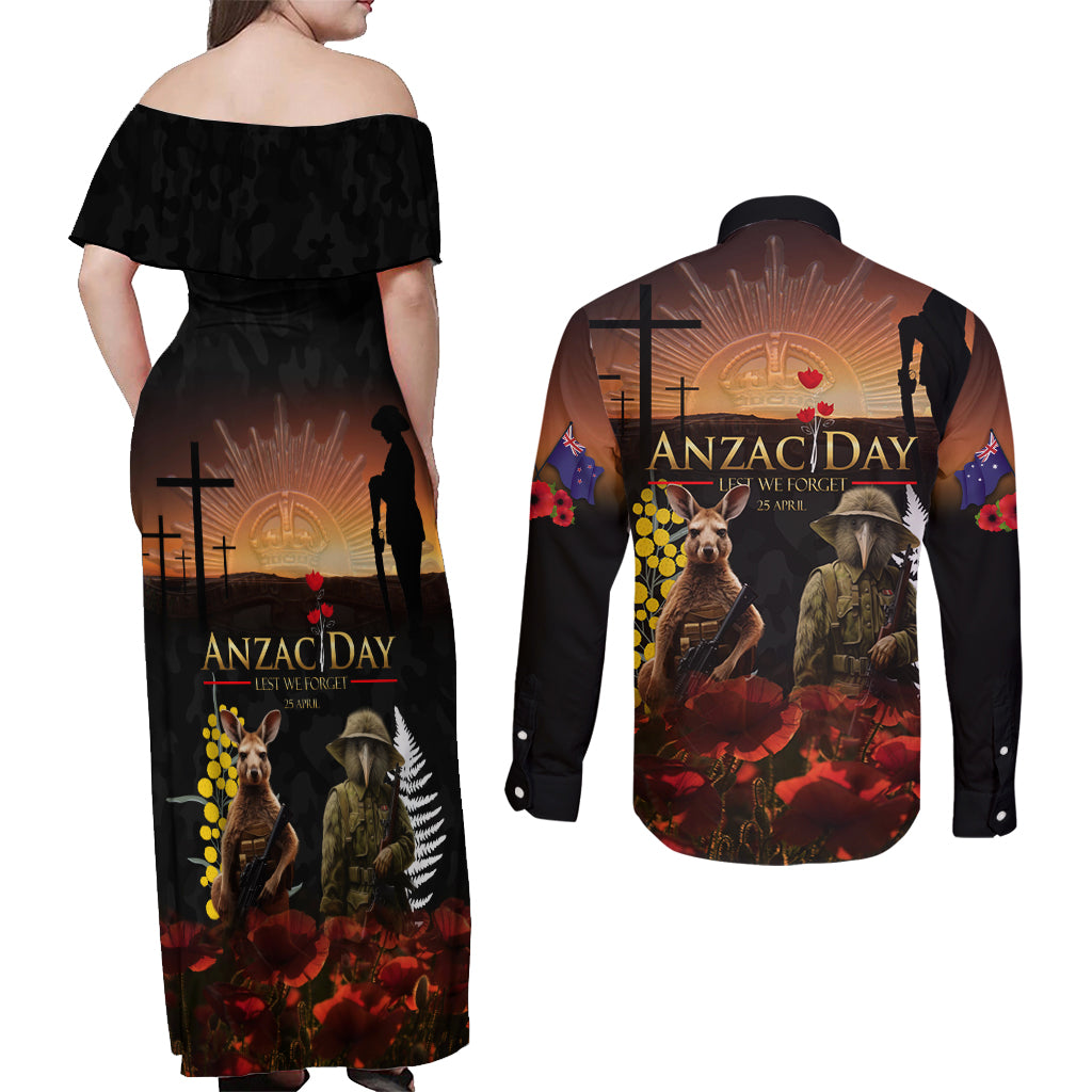 New Zealand and Australia ANZAC Day Couples Matching Off Shoulder Maxi Dress and Long Sleeve Button Shirt Kiwi Bird and Kangaroo Soldier