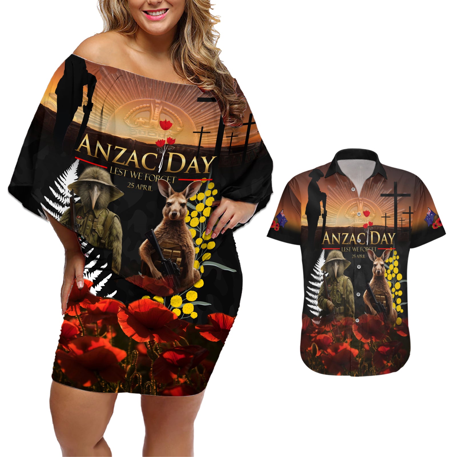 New Zealand and Australia ANZAC Day Couples Matching Off Shoulder Short Dress and Hawaiian Shirt Kiwi Bird and Kangaroo Soldier