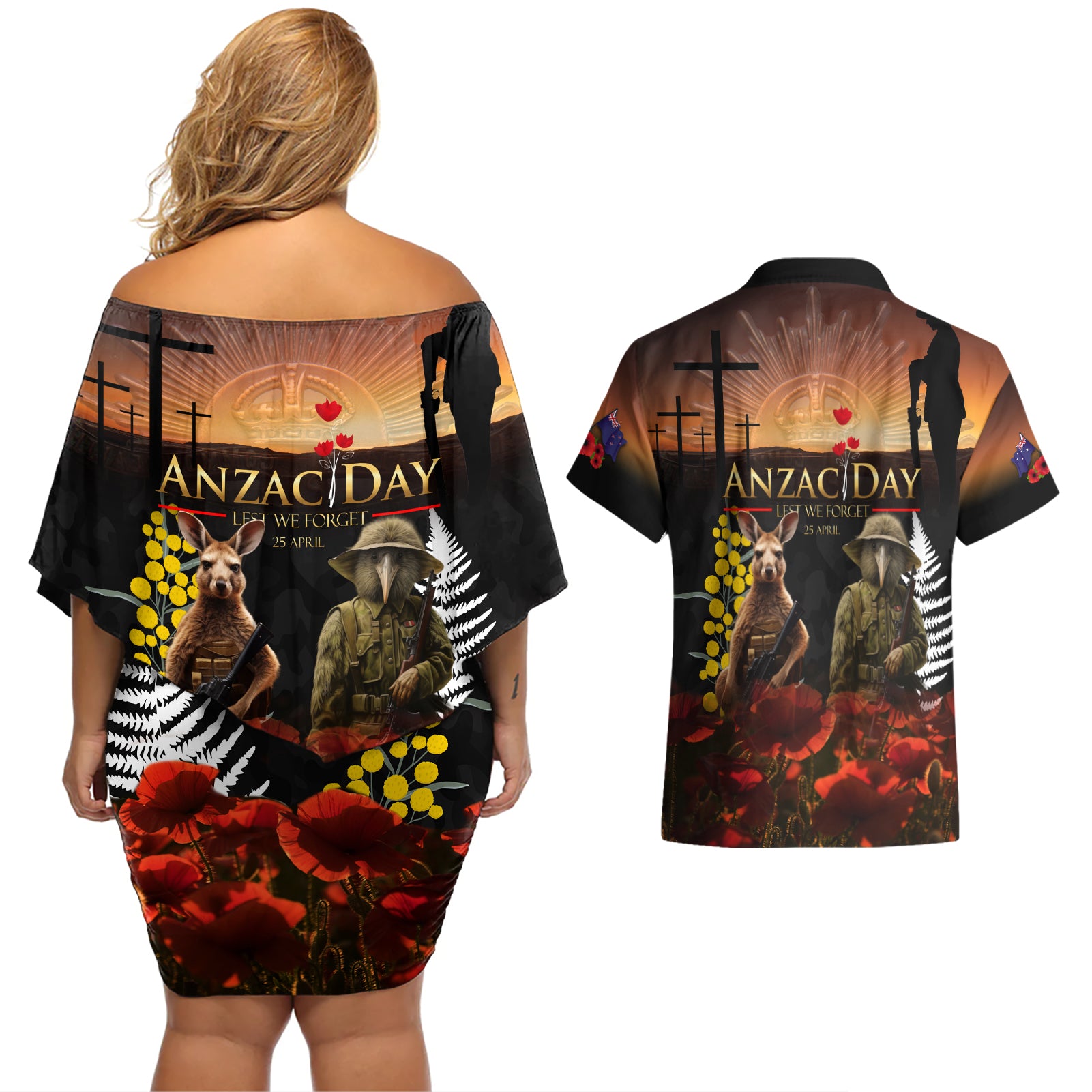 New Zealand and Australia ANZAC Day Couples Matching Off Shoulder Short Dress and Hawaiian Shirt Kiwi Bird and Kangaroo Soldier