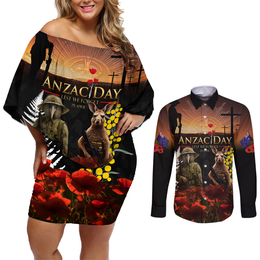 New Zealand and Australia ANZAC Day Couples Matching Off Shoulder Short Dress and Long Sleeve Button Shirt Kiwi Bird and Kangaroo Soldier