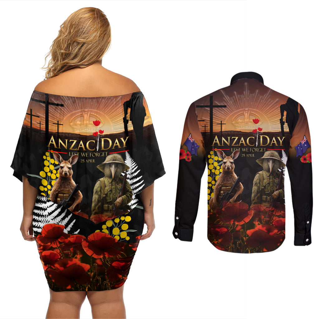 New Zealand and Australia ANZAC Day Couples Matching Off Shoulder Short Dress and Long Sleeve Button Shirt Kiwi Bird and Kangaroo Soldier