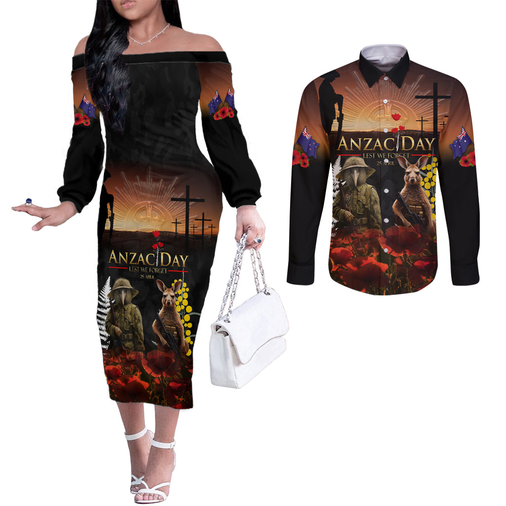 New Zealand and Australia ANZAC Day Couples Matching Off The Shoulder Long Sleeve Dress and Long Sleeve Button Shirt Kiwi Bird and Kangaroo Soldier