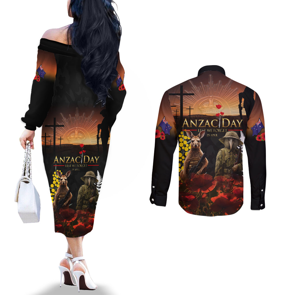 New Zealand and Australia ANZAC Day Couples Matching Off The Shoulder Long Sleeve Dress and Long Sleeve Button Shirt Kiwi Bird and Kangaroo Soldier