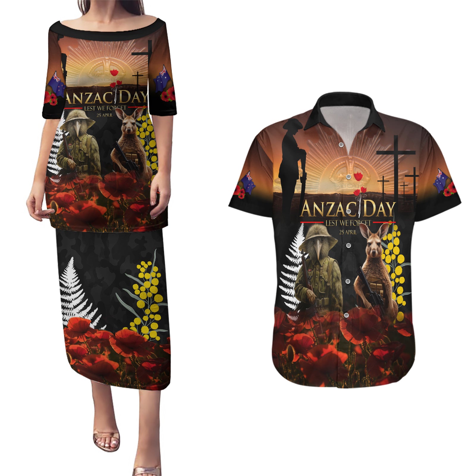 New Zealand and Australia ANZAC Day Couples Matching Puletasi and Hawaiian Shirt Kiwi Bird and Kangaroo Soldier
